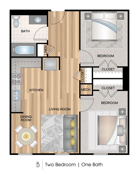 Floor plan for 2 beds, 1 bath, 815 sqft